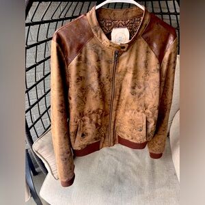 Bomber jacket, zipper, pockets, brown faux suede. Purchased at Anthropologie